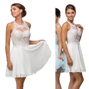 Beaded lace short sleeveless dress in white